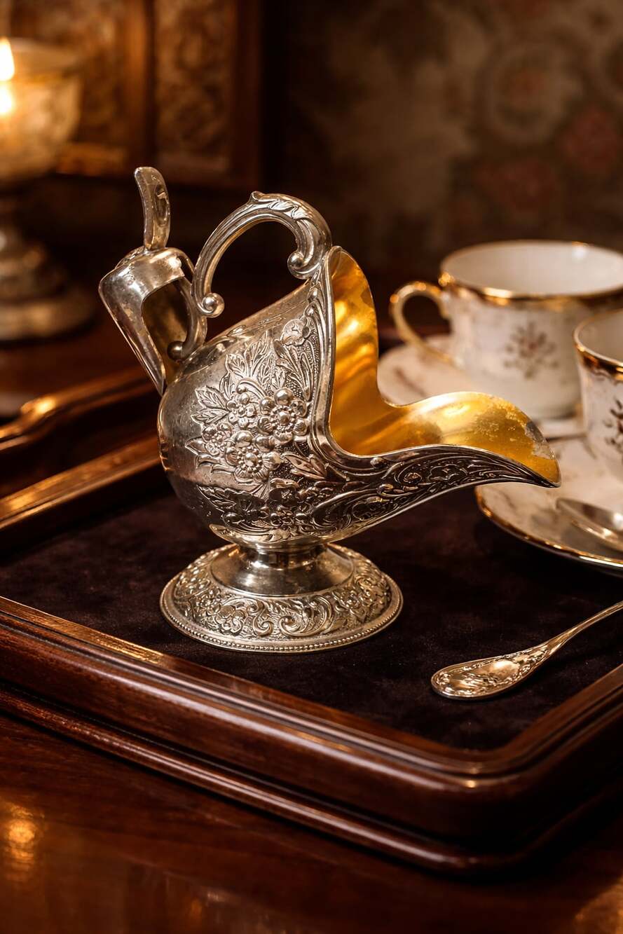 Vintage Silver Plated Sugar Scuttle with Scoop, Floral Repoussé Design